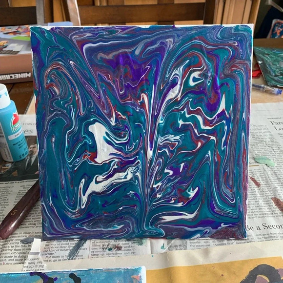 Original Paint Pour of wine, purple, teal and white on 8”x8” square canvas - Picture 7 of 7